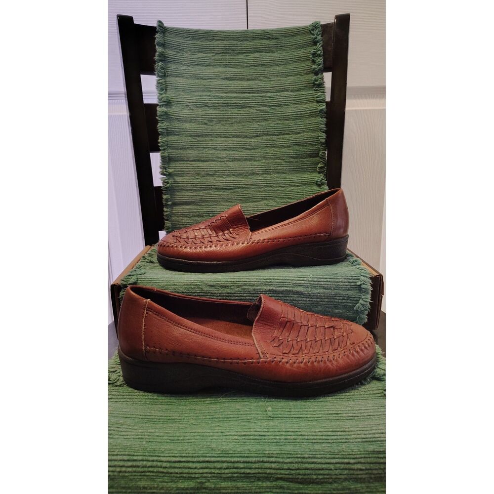 Comfort Dexter Women's Woven Leather Slip-On Loafers – Cognac Brown, Size 9.5M
